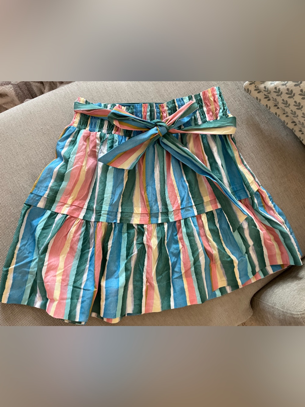 Anthropologie Striped Tie-Waist Cotton Skirt in Blue, Green, Pink, Cream
